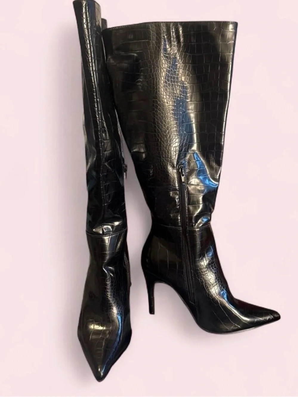 Black Croc-Embossed Pointed-Toe Knee Boots